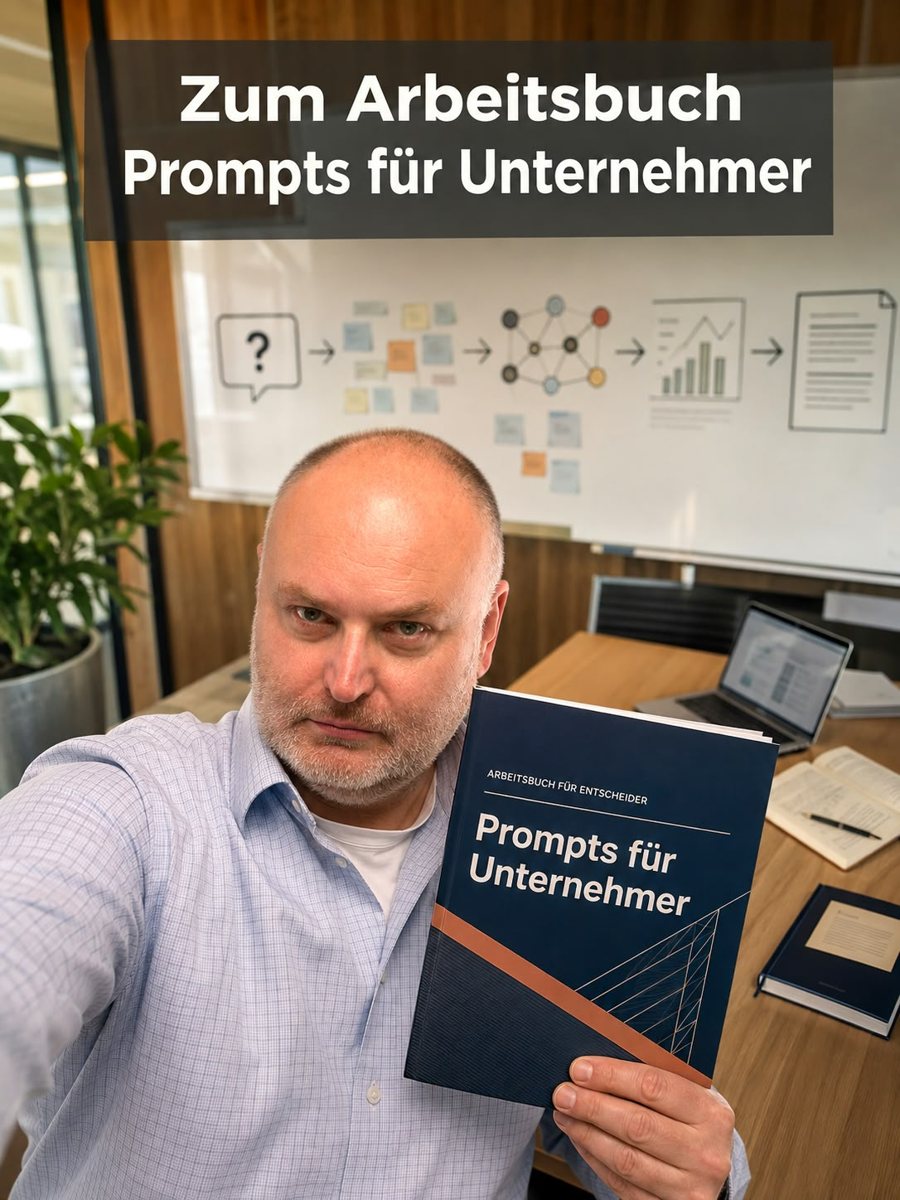 Wilfried Häring mit dem Arbeitsbuch „Prompts für Unternehmer“ vor einem Whiteboard